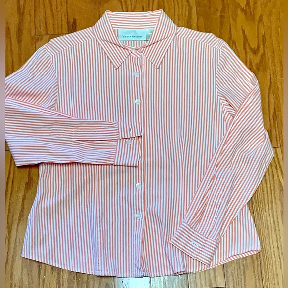 Vtg Women’s Petite Medium Button Front Orange White Striped Susan Bristol Shirt - Picture 1 of 13
